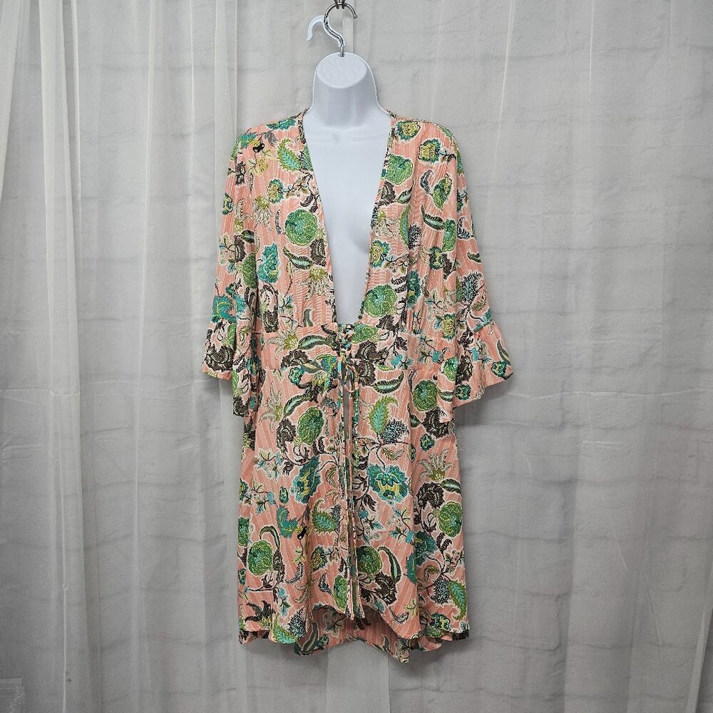 Easel Kimono Dress Pink Turquoise Striped Floral Cover Boho Festival L